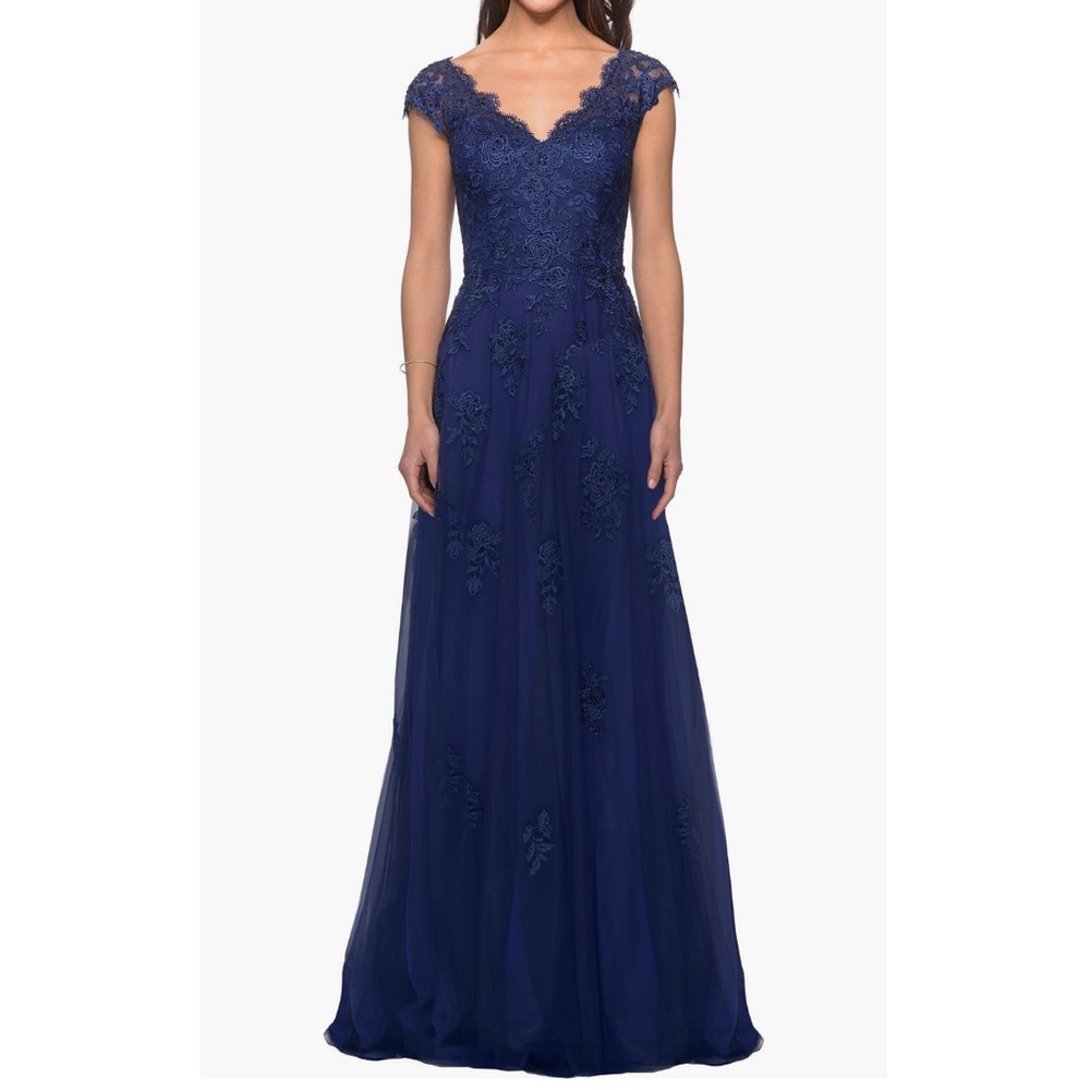 La Femme Marine Blue Short Sleeve Lace Gown with Cascading Embellishment Reemoly